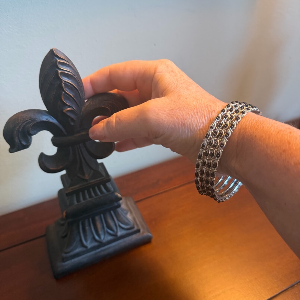 4 Silver/Black Beaded Bangle Bracelets